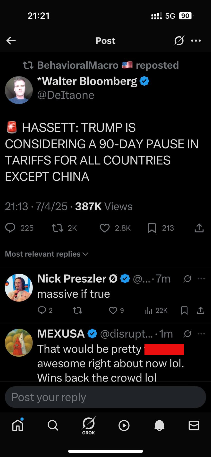 Post on April 7th pre-empting the suspension of tariffs, as officially announced two days later by the Whitehouse.  