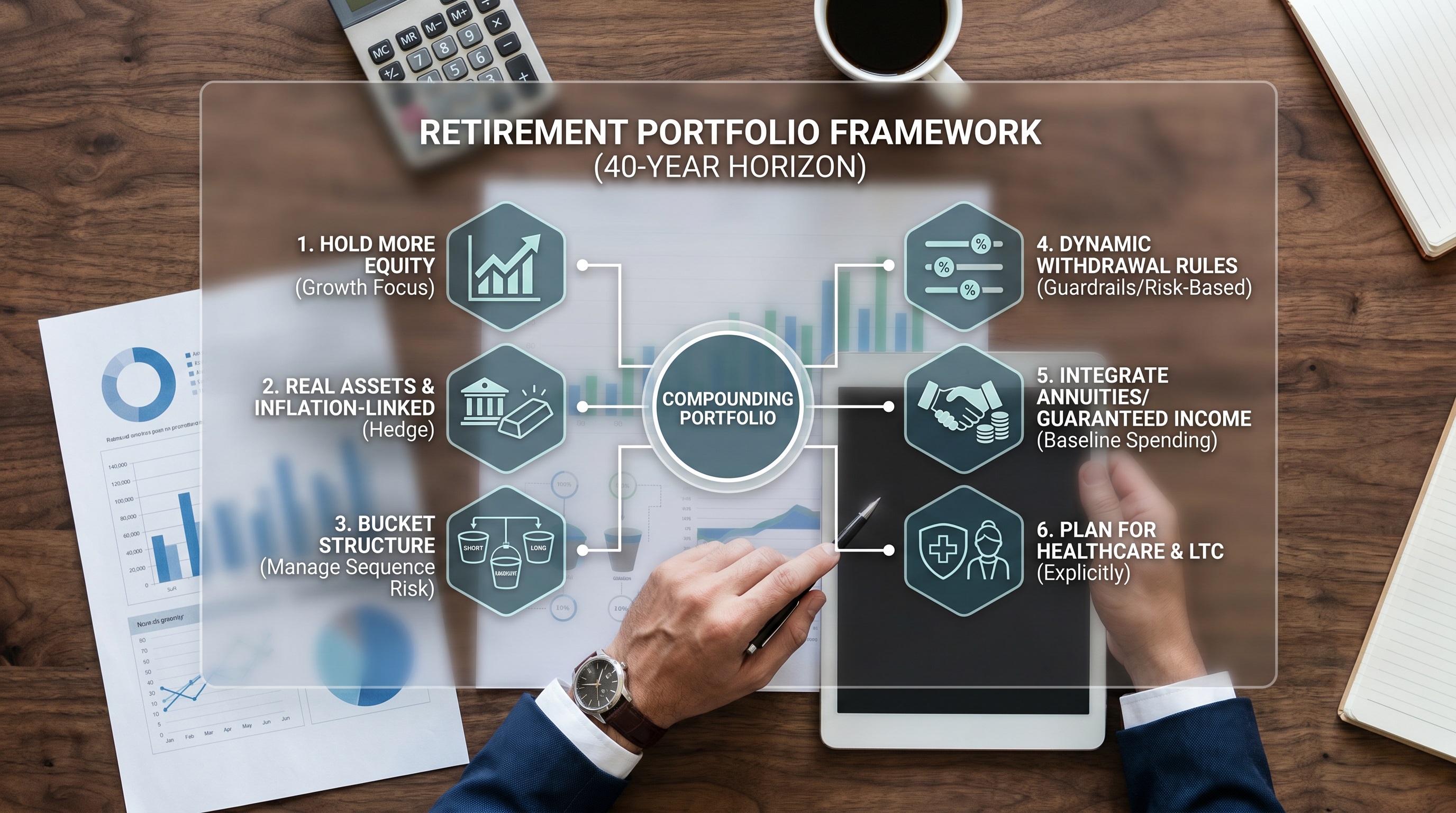 A 40-year retirement portfolio that compounds rather than depletes through that horizon rests on six principles.